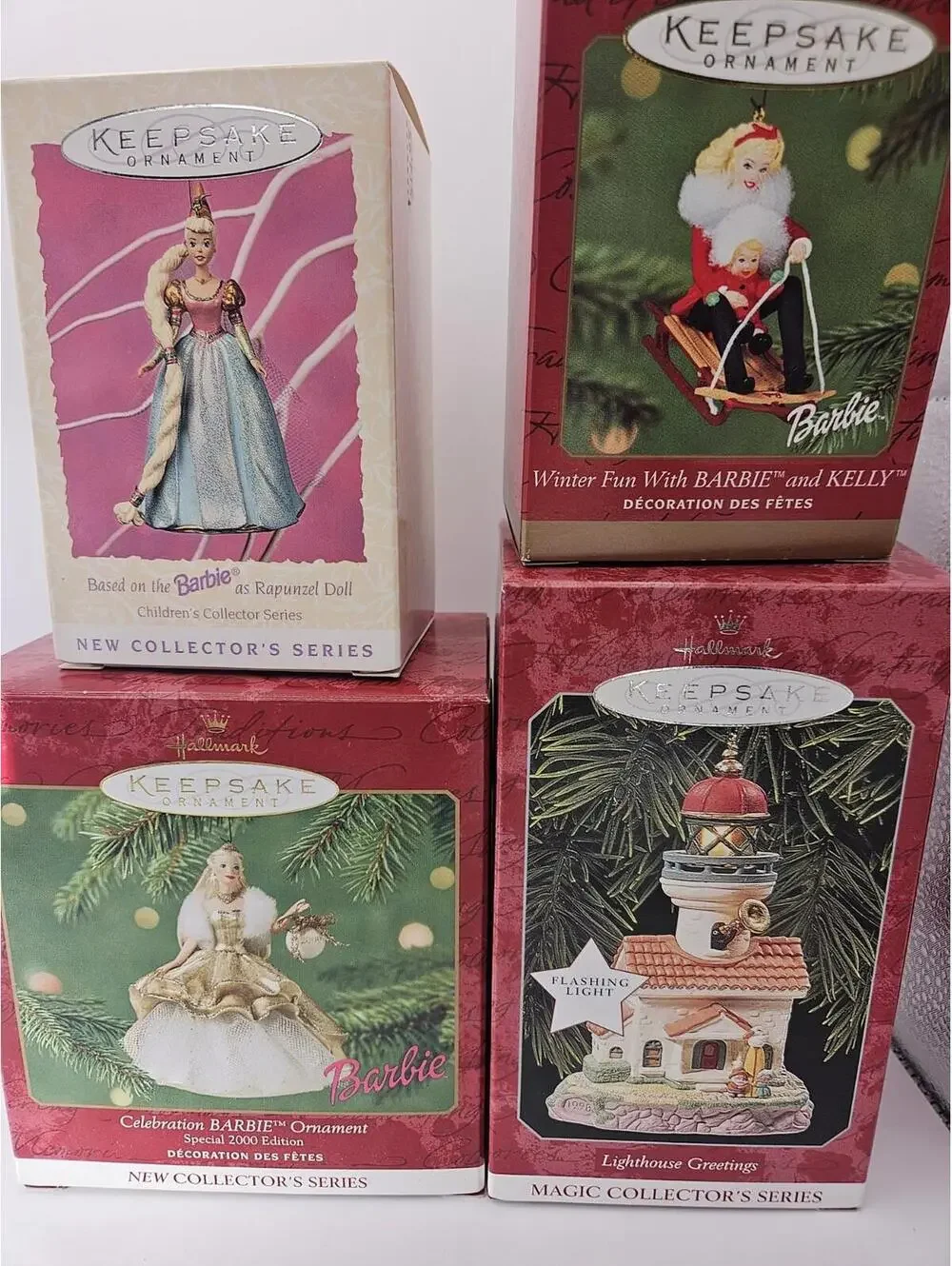 Lot Of 4 Hallmark Keepsake Ornaments 3 Barbie & Kelly + 1 Lighthouse Greetings